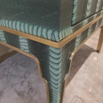 Green Embossed Leather Sofa Side Table with Single Drawer, Orange Interior and Gold-Tone Stainless Steel Trim